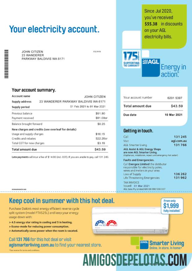 realista Modelo de conta de serviços públicos de eletricidade AGL da Austrália, totalmente editável em formato PSD